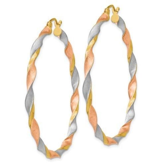 14k White and Rose Rhodium Satin Twisted Hoop Earrings measures 2 inches in diam - Picture 2 of 4